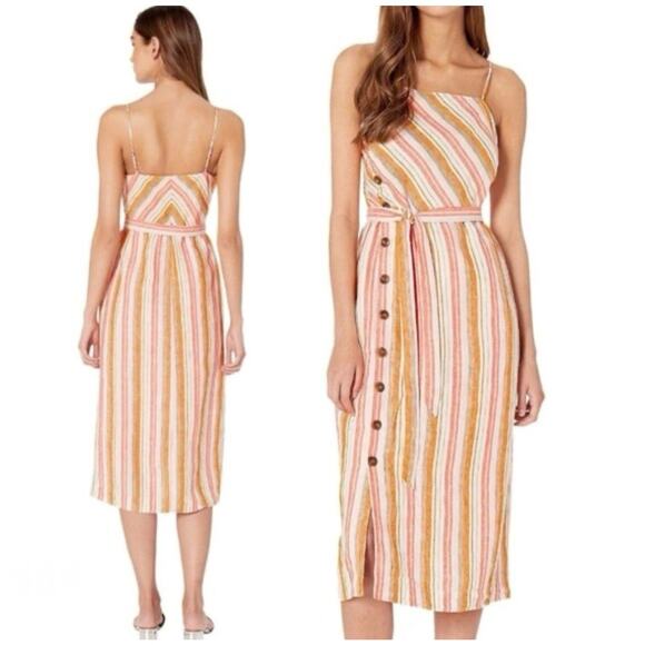 Joie Khari Striped Linen Midi Dress Island Sunset Pink Tan Summer Boho Size XS - Picture 1 of 7